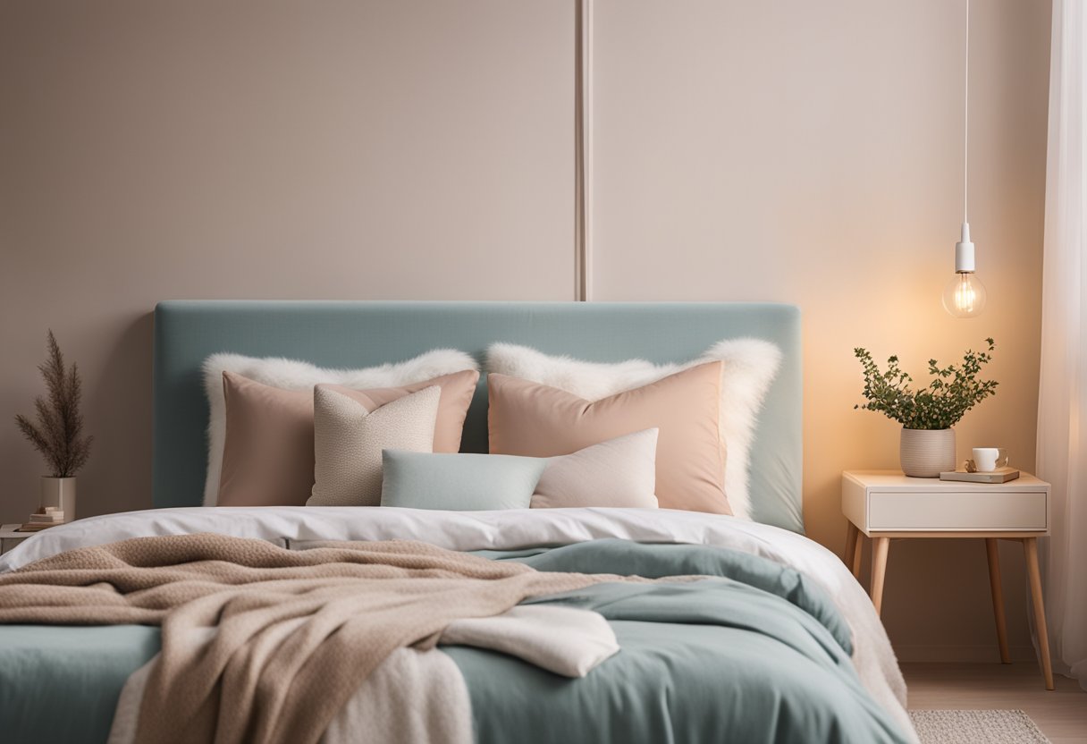 A cozy bedroom with minimal furniture, soft pastel colors, and simple decor. A small bed with a fluffy comforter, a bedside table with a lamp, and a few decorative pillows