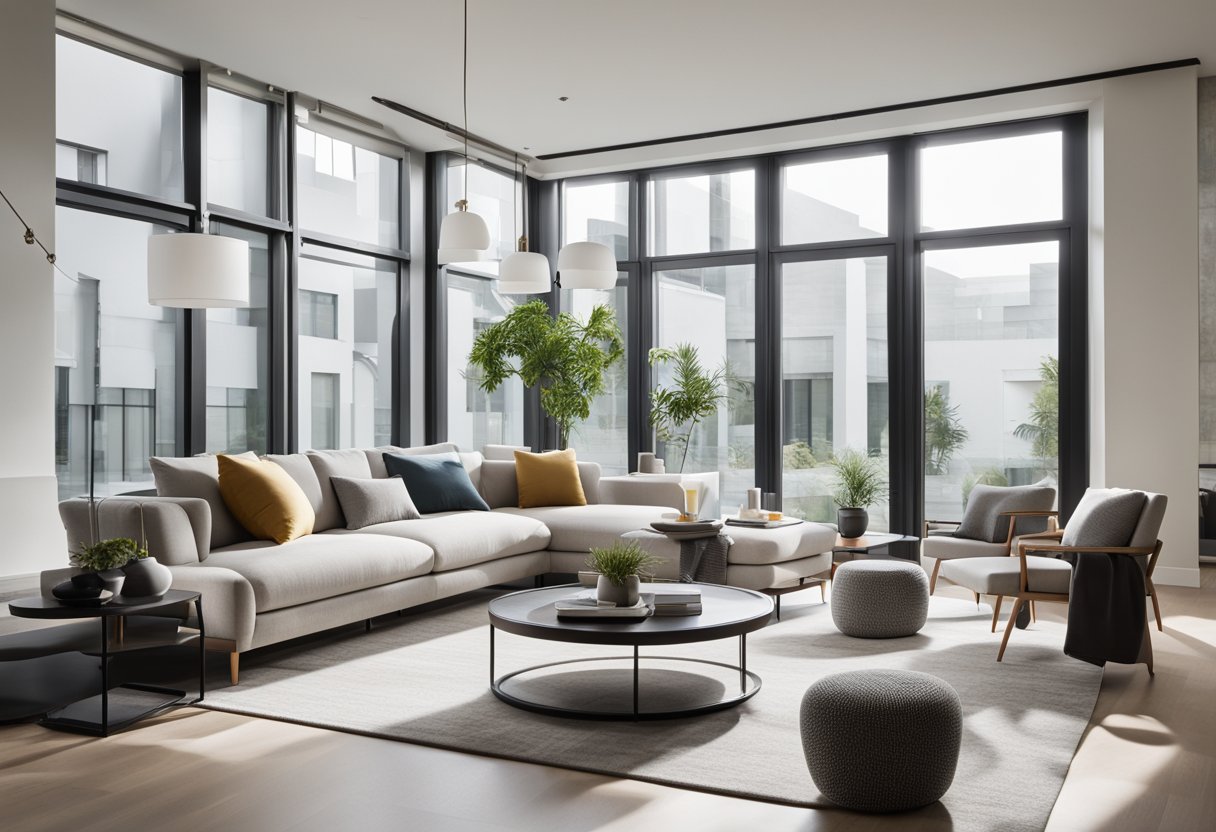 A sleek, minimalist living room with clean lines, neutral colors, and a pop of bold accent color. Large windows let in natural light, and modern furniture creates a comfortable yet stylish atmosphere