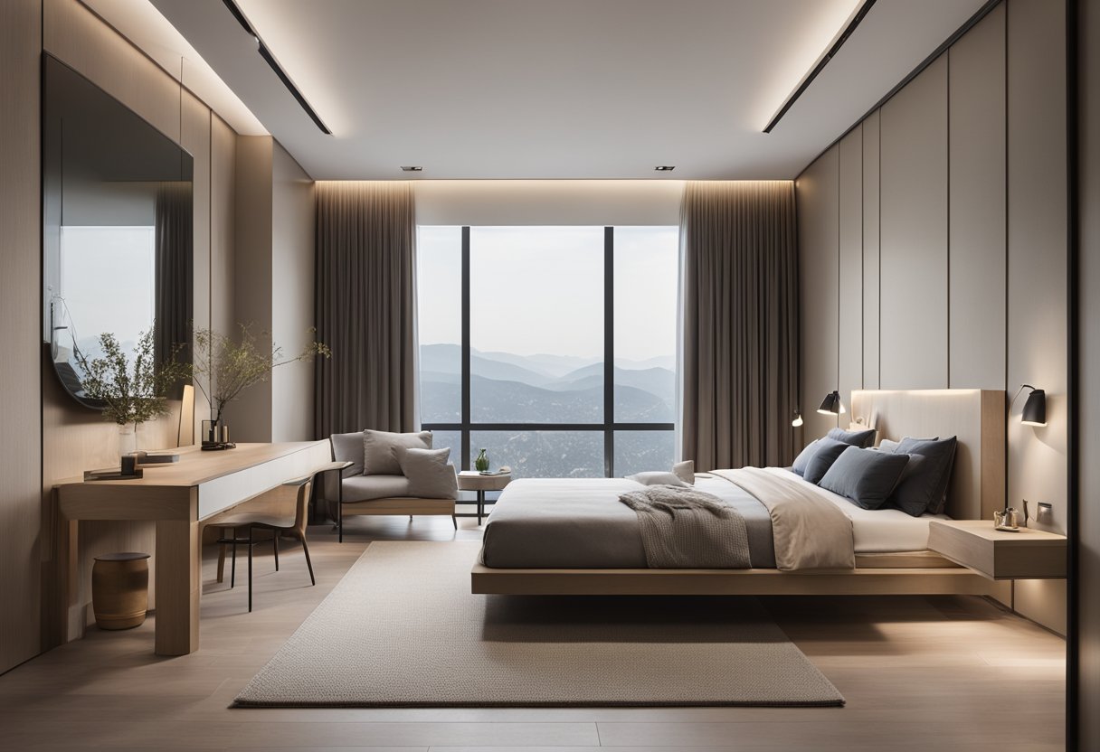 A spacious double bedroom with modern styling and neutral color themes. Clean lines, minimalistic furniture, and soft lighting create a serene atmosphere