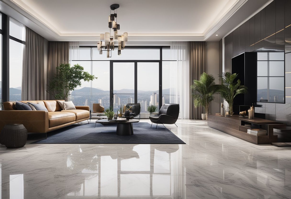 A spacious living room with sleek marble flooring and modern design