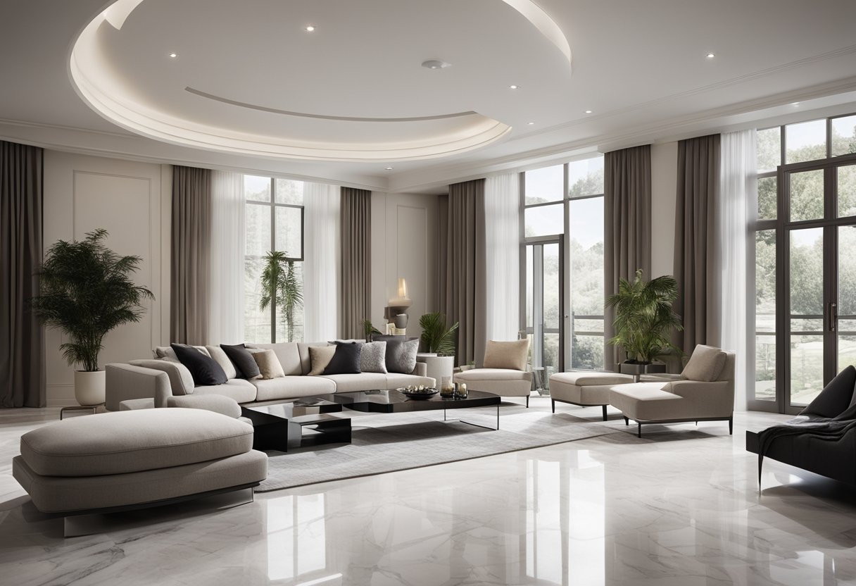 A spacious living room with elegant marble flooring, featuring a sleek and modern design with minimalist furniture and a large, open window allowing natural light to flood the room