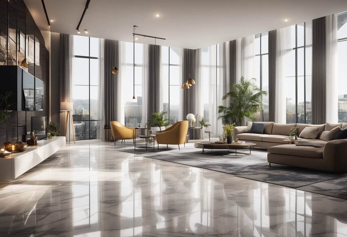 The living room features sleek marble flooring with a modern design. Light streams in from large windows, illuminating the space with a warm glow