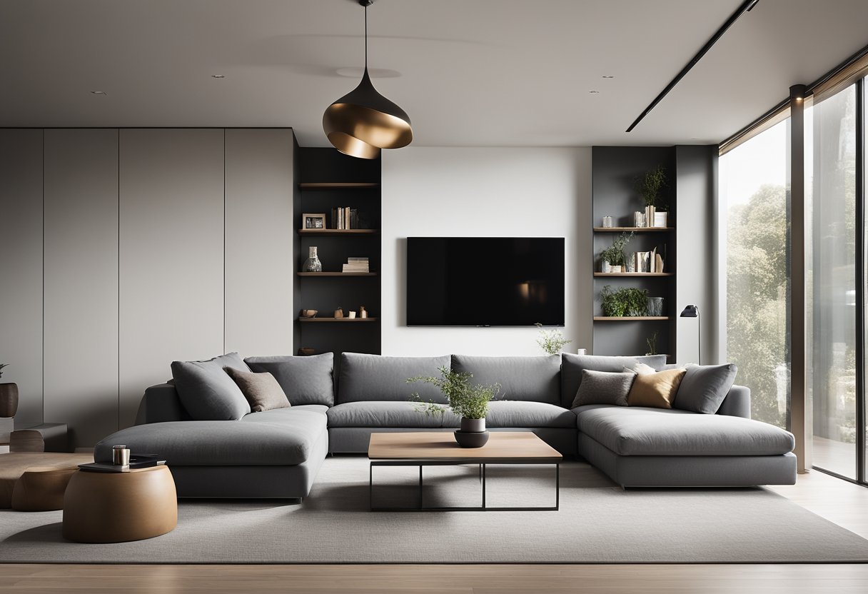A sleek, minimalist living room with a large, L-shaped sofa, a low-profile coffee table, and a wall-mounted entertainment unit. The room is flooded with natural light from floor-to-ceiling windows, and features neutral tones with pops of color in