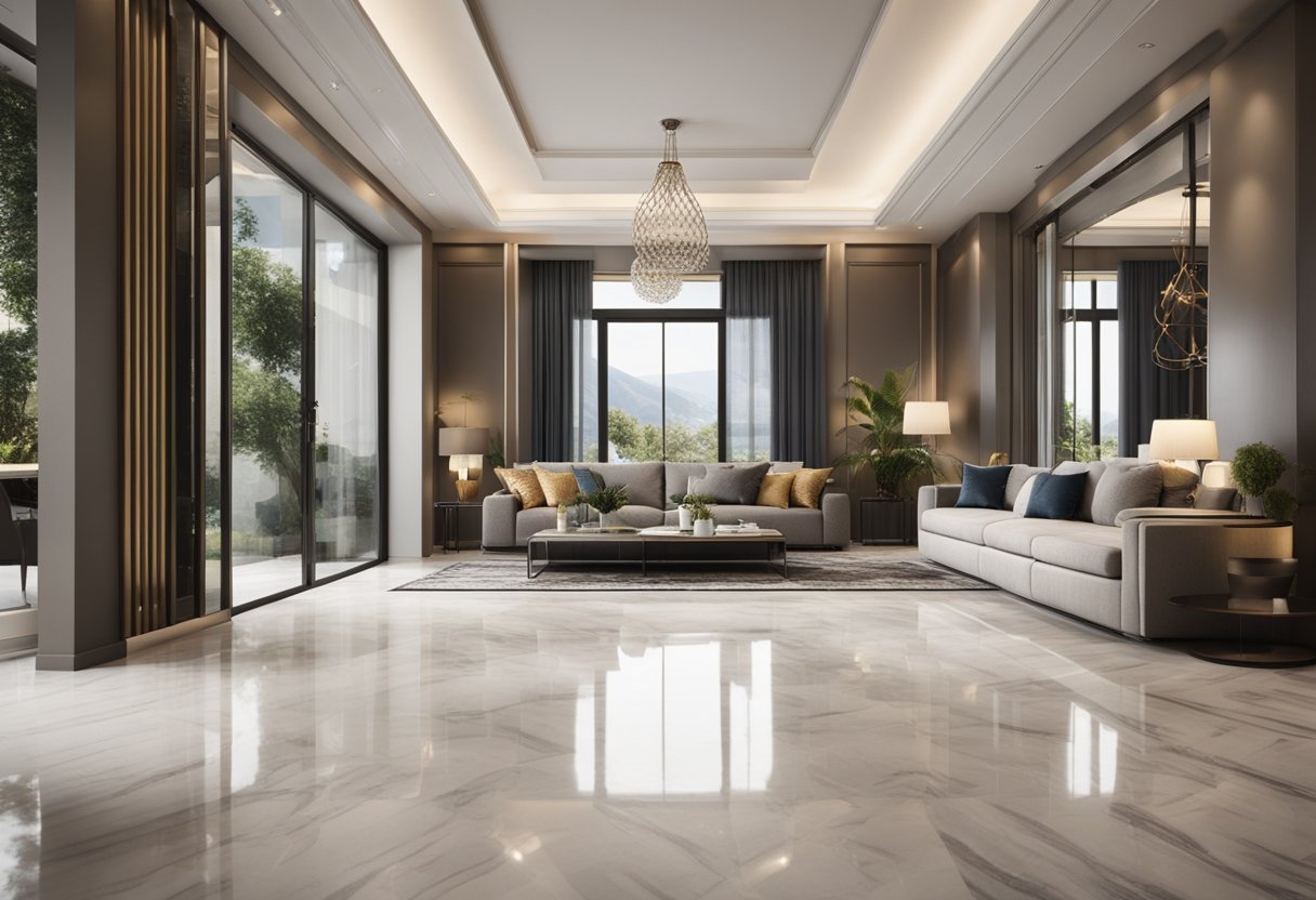 A spacious living room with sleek marble flooring, adorned with elegant patterns and a glossy finish. The room is well-lit with natural sunlight streaming in from large windows, creating a warm and inviting atmosphere