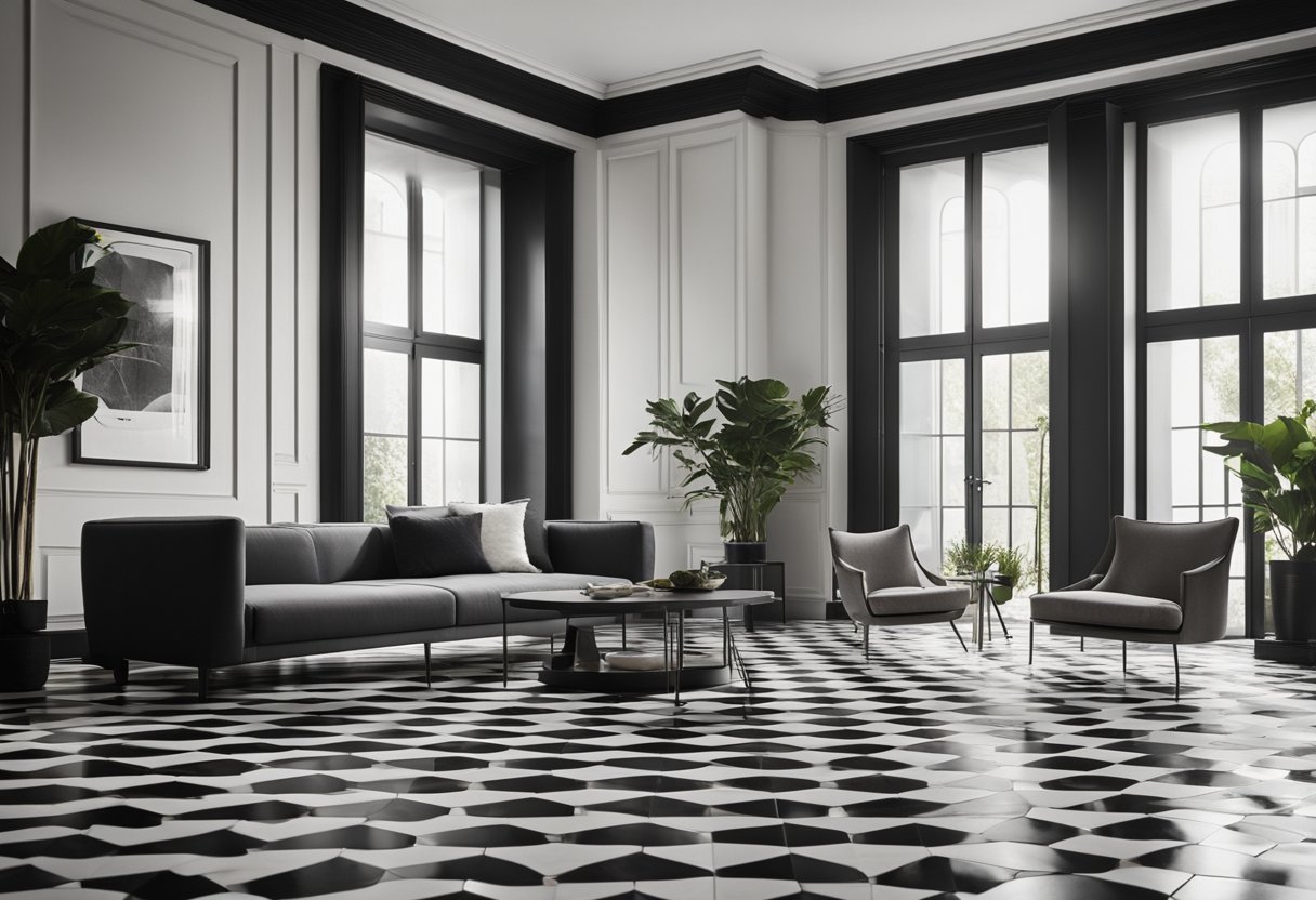 A living room with a black and white tiled floor, creating a classic and elegant design