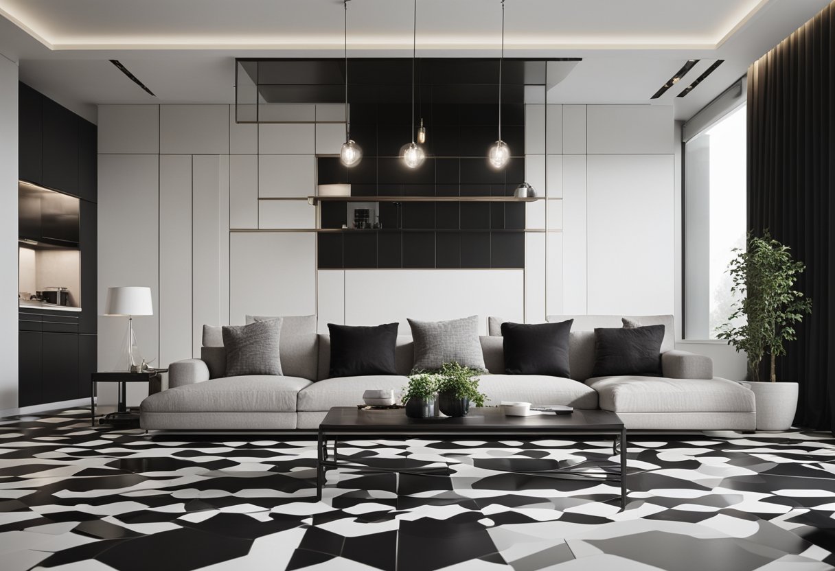 A living room with a black and white tile floor, geometric pattern, clean lines, and modern furniture
