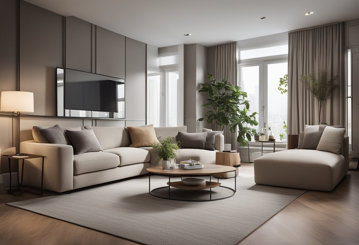 A cozy living room with a neutral color scheme, a small sectional sofa, a coffee table with storage, and a wall-mounted TV. A large mirror on one wall creates the illusion of more space