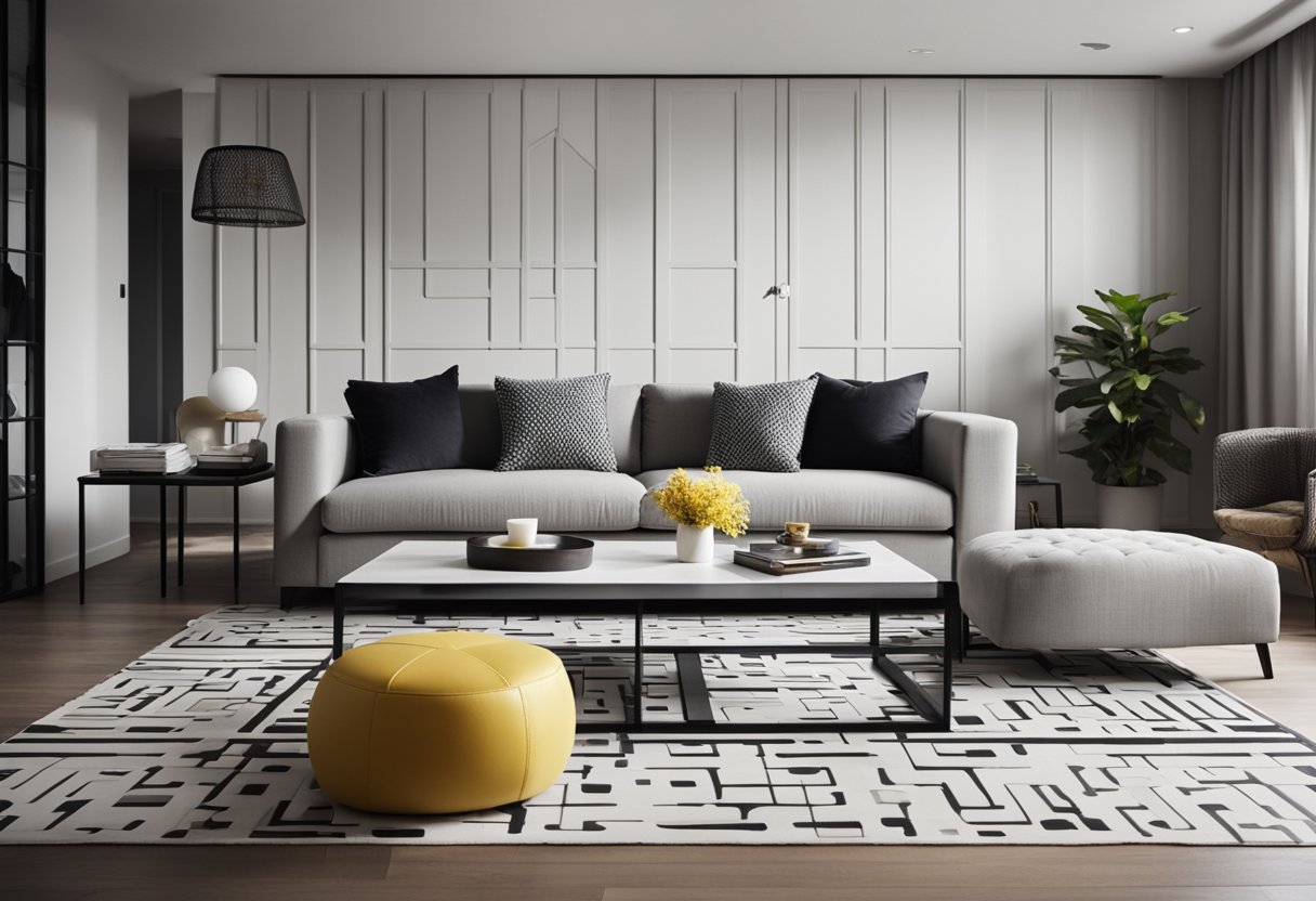 A modern living room with sleek black and white tiles, minimalist furniture, and pops of color in the form of throw pillows and art