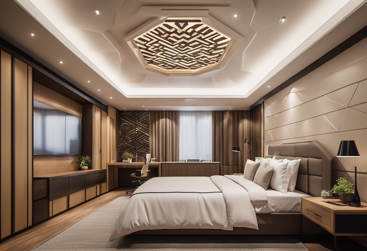 A small bedroom with a false ceiling featuring recessed lighting and geometric patterns