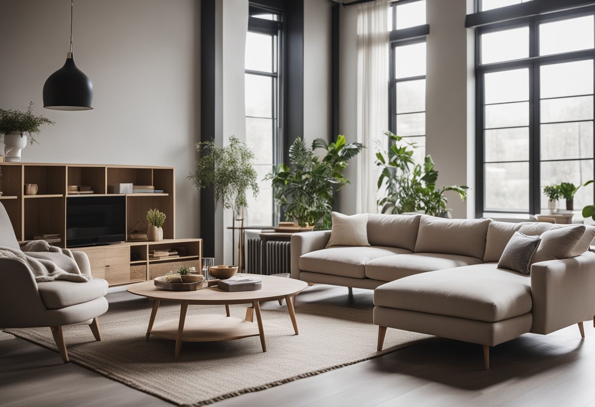 A cozy living room with minimalist furniture, neutral color palette, natural light, and clean lines