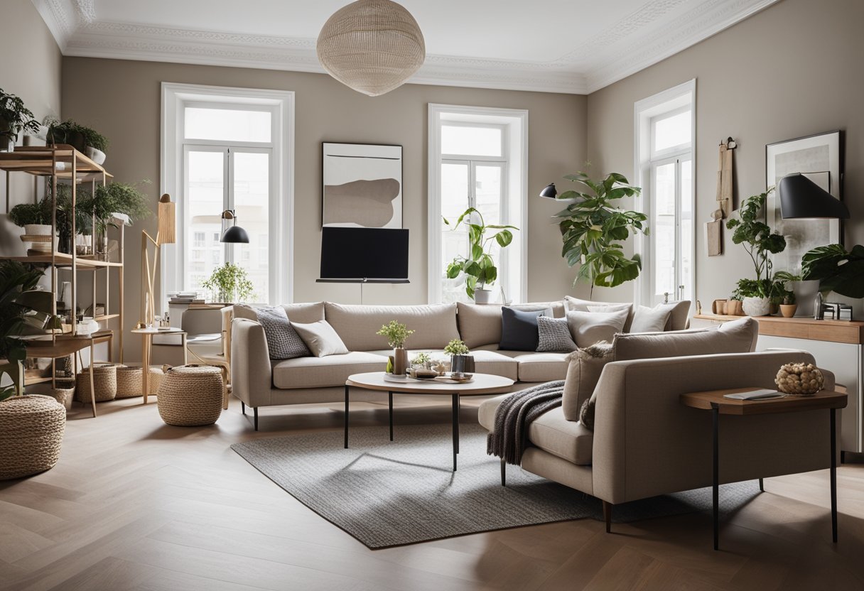 A cozy living room with clever storage solutions, multi-functional furniture, and a neutral color palette to create the illusion of a larger space