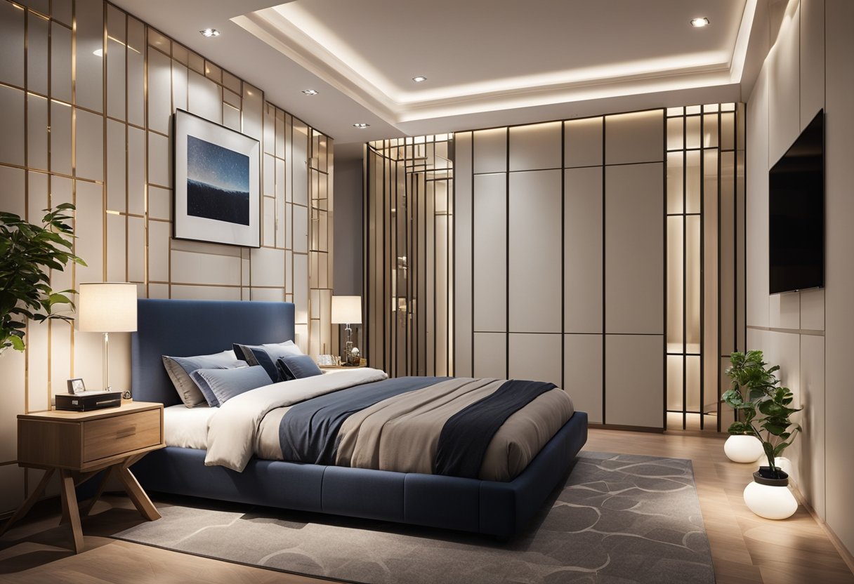 A small bedroom with a modern false ceiling design, featuring recessed lighting and geometric patterns