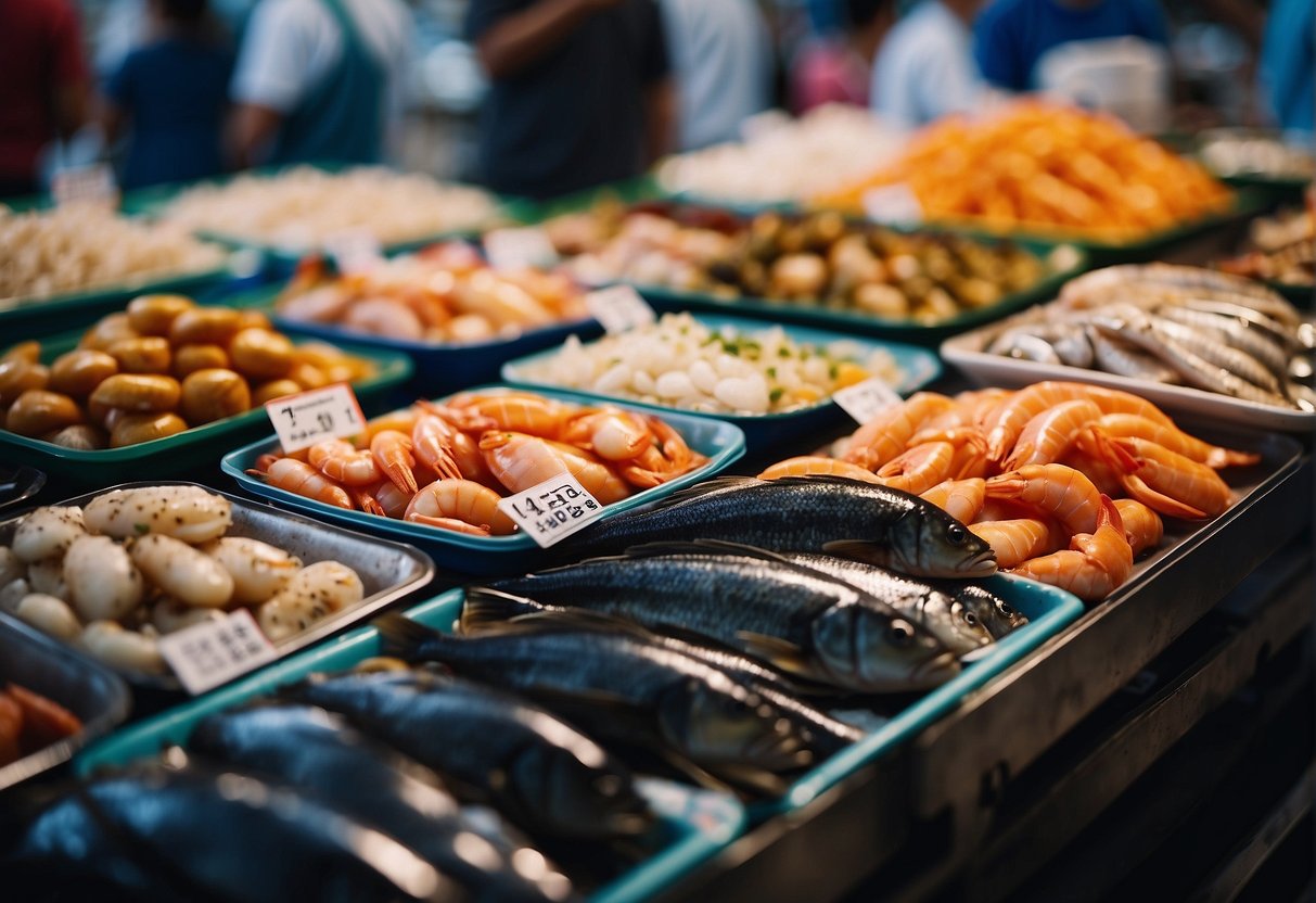 A bustling seafood market with colorful stalls and a variety of fresh fish and shellfish on display. The scent of saltwater and grilling seafood fills the air