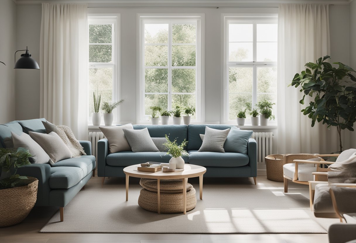 A cozy Scandinavian living room with minimal furniture, clean lines, and natural light streaming in through large windows. A neutral color palette with pops of soft blues and greens creates a serene and inviting atmosphere