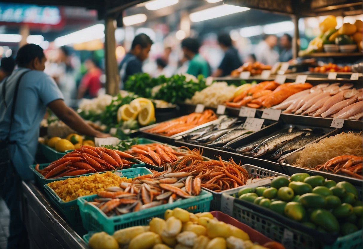 A bustling seafood market with colorful displays of fresh fish, vibrant fruits, and lively chatter among customers and vendors. The scent of saltwater and grilled seafood fills the air, creating a lively and inviting atmosphere