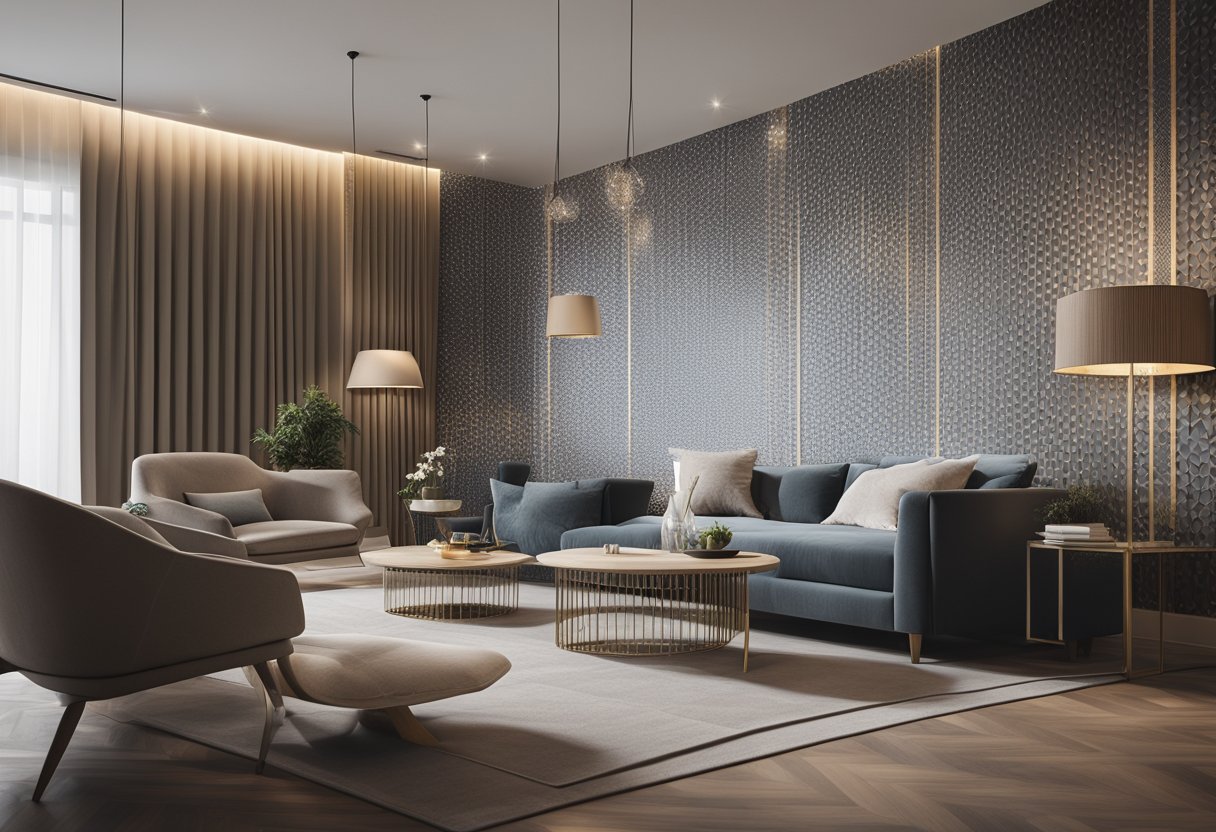 A spacious living room with sleek, geometric wallpaper in muted tones. Abstract patterns and clean lines create a modern and sophisticated atmosphere