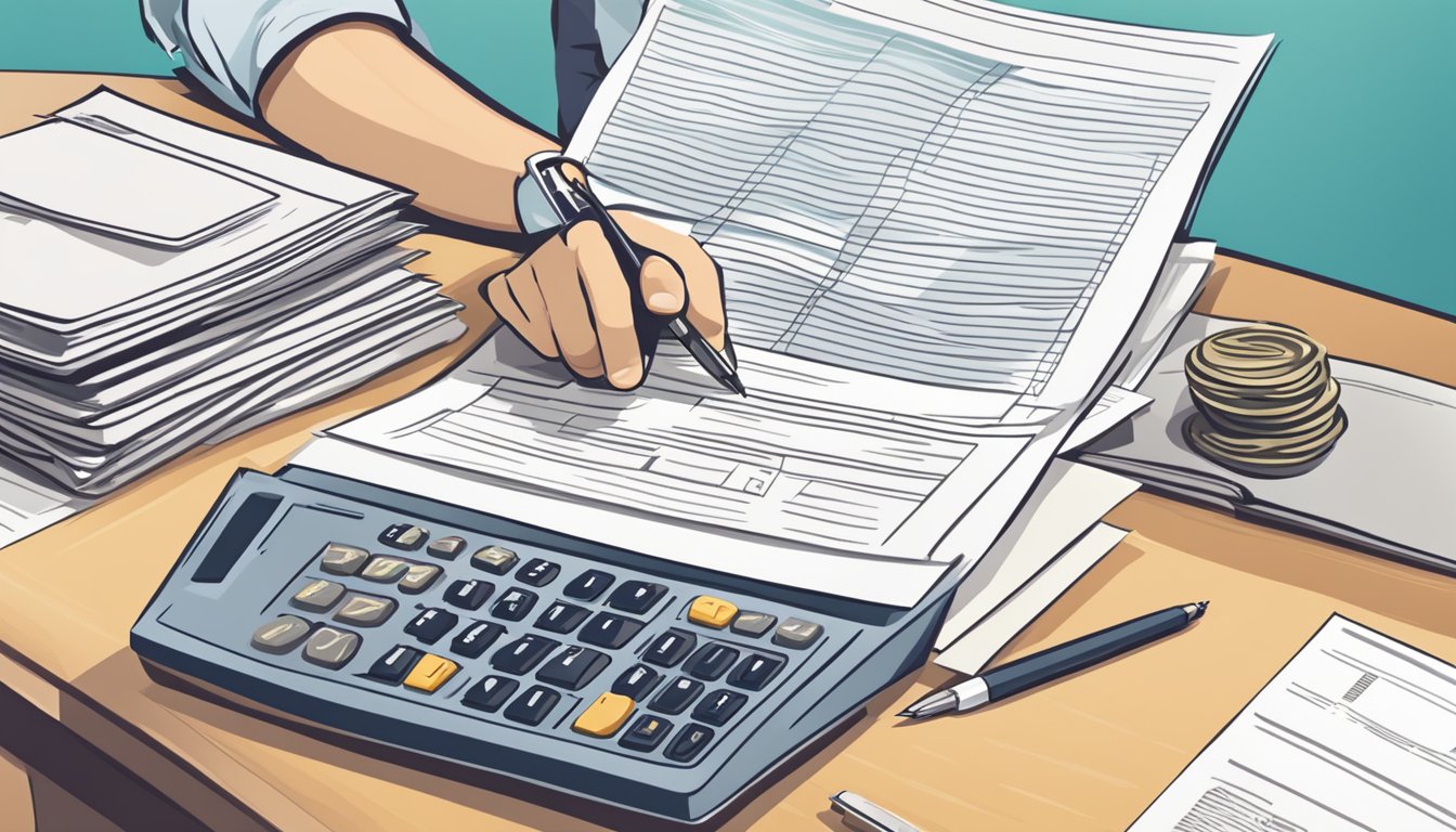 A person filling out a loan application at a bank, with a stack of business documents and financial statements on the desk
