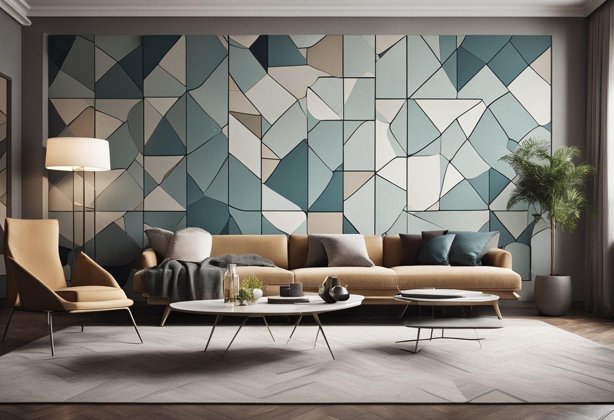 A spacious living room with bold, geometric wallpaper in a muted color palette. Clean lines and abstract shapes create a modern, sophisticated atmosphere