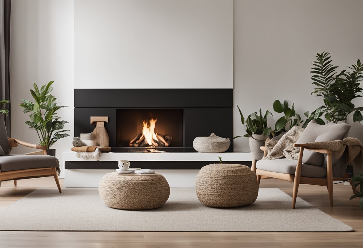 A cozy living room with minimalistic furniture, natural light, and neutral colors. A fireplace, wooden floors, and plants add to the Scandinavian ambiance