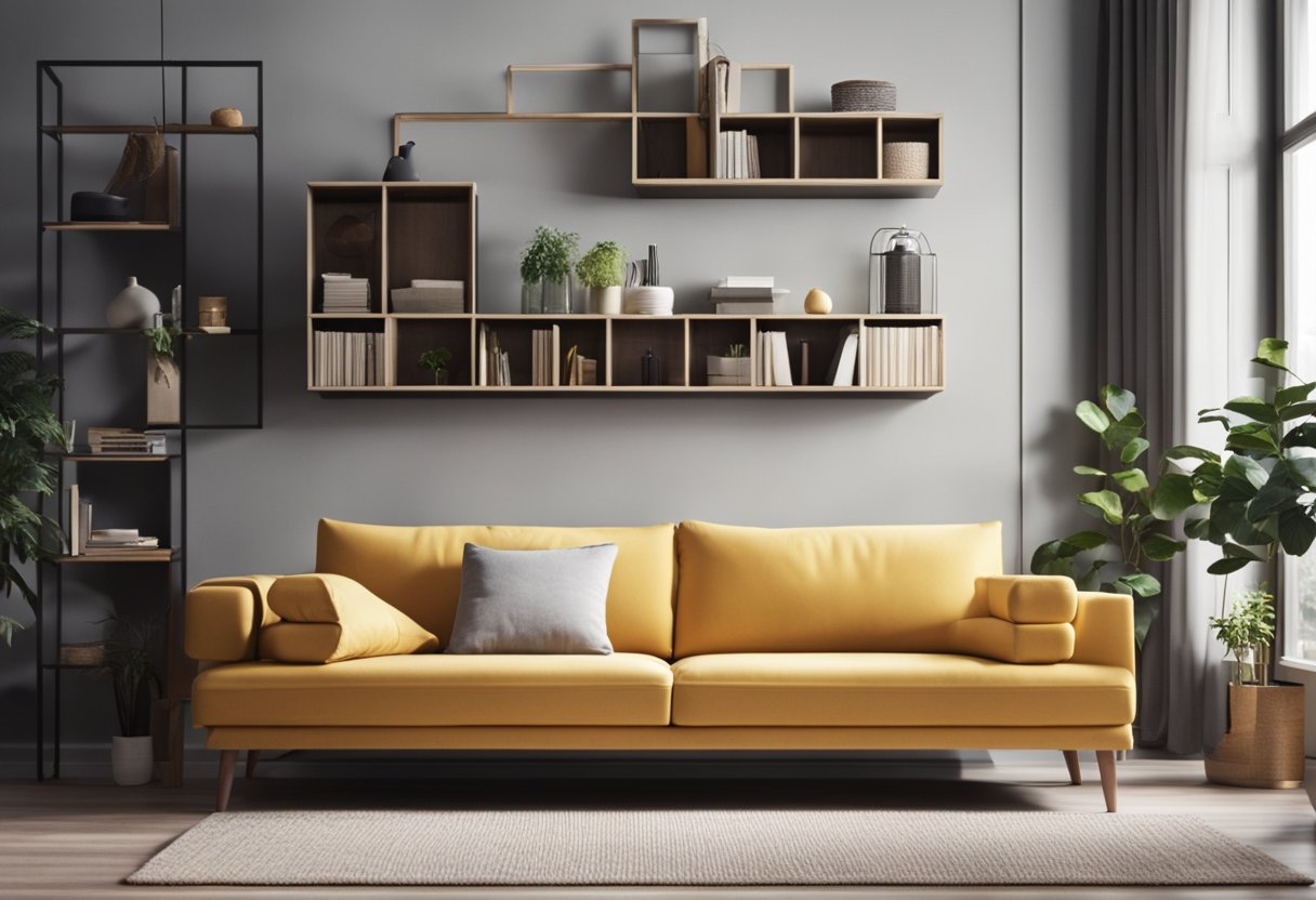 A cozy living room with space-saving furniture, bright colors, and clever storage solutions. A small bookshelf, a comfortable sofa, and a stylish rug complete the inviting space