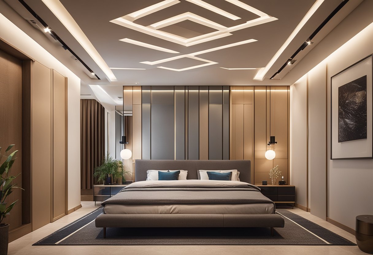 A small bedroom with a false ceiling design, featuring recessed lighting and geometric patterns, creating a sense of depth and modern elegance