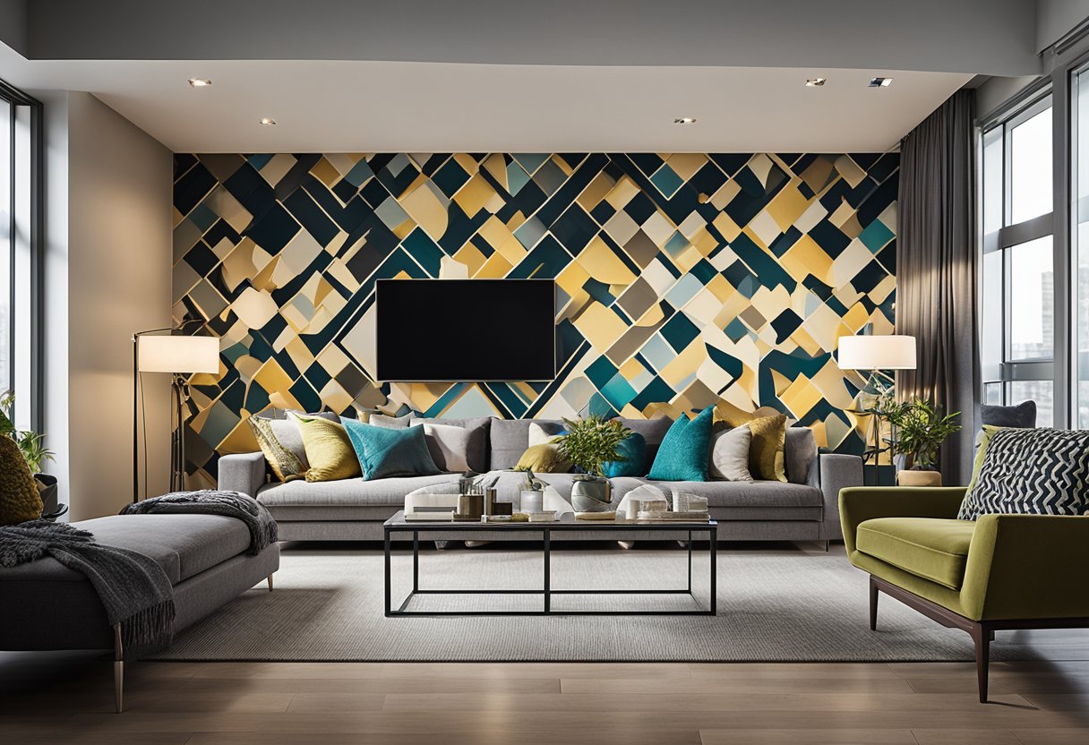 A modern living room with a focal point wall covered in bold, geometric wallpaper designs. The wallpaper draws the eye and sets the tone for the room's contemporary style