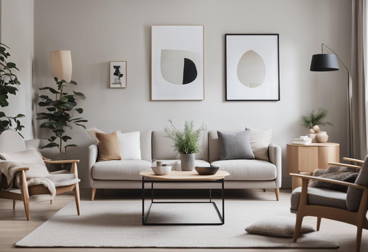A cozy living room with minimalist furniture, neutral colors, and natural light. Clean lines and simple decor create a serene Scandinavian interior design