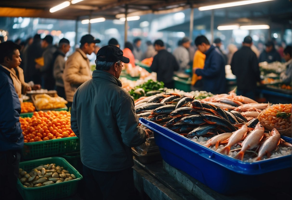 A bustling seafood market with colorful stalls and fresh catches on display, surrounded by eager customers and the sound of fishermen haggling