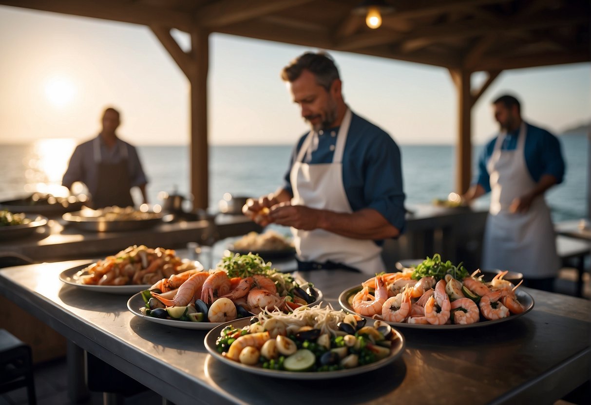 Customers enjoying fresh seafood at outdoor tables with a view of the ocean. A chef prepares dishes in an open kitchen