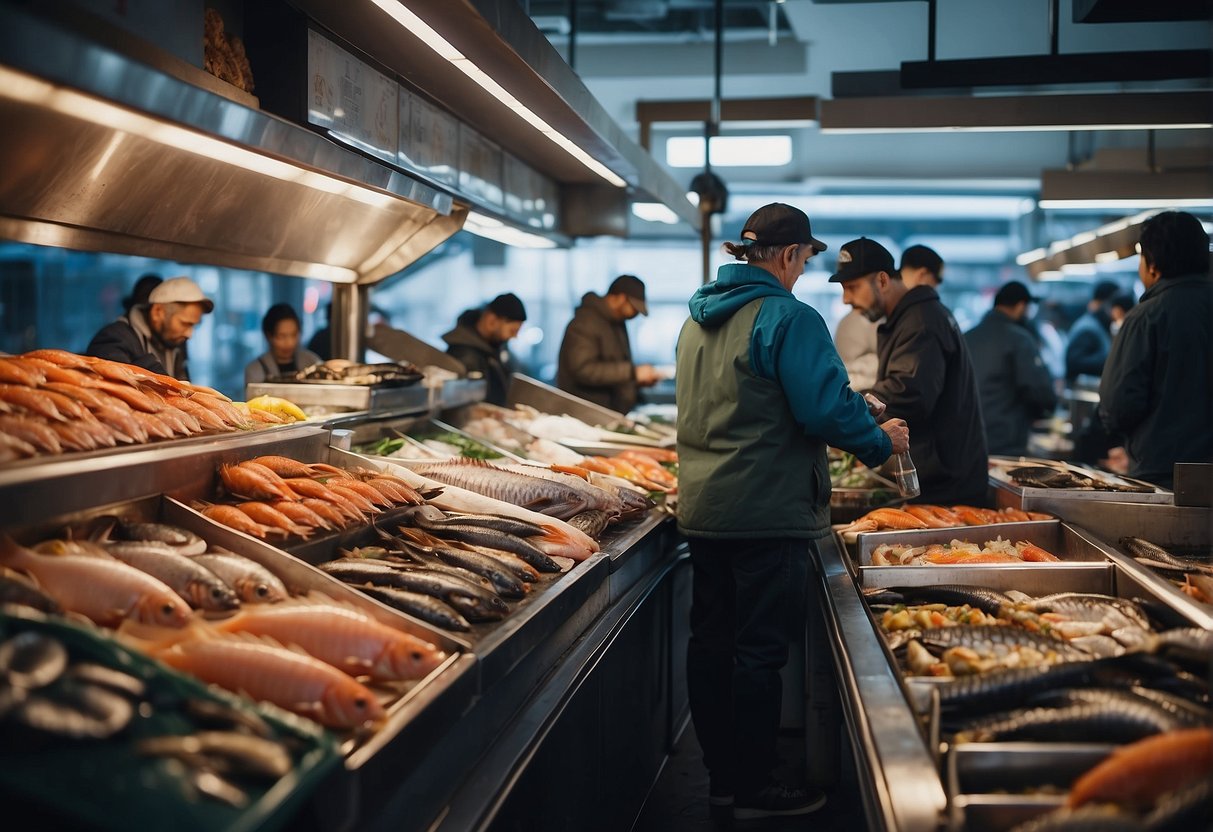A bustling seafood market with a colorful array of fresh fish, shellfish, and exotic sea creatures on display. Customers line up at the counter, eagerly asking questions and pointing to their desired purchases