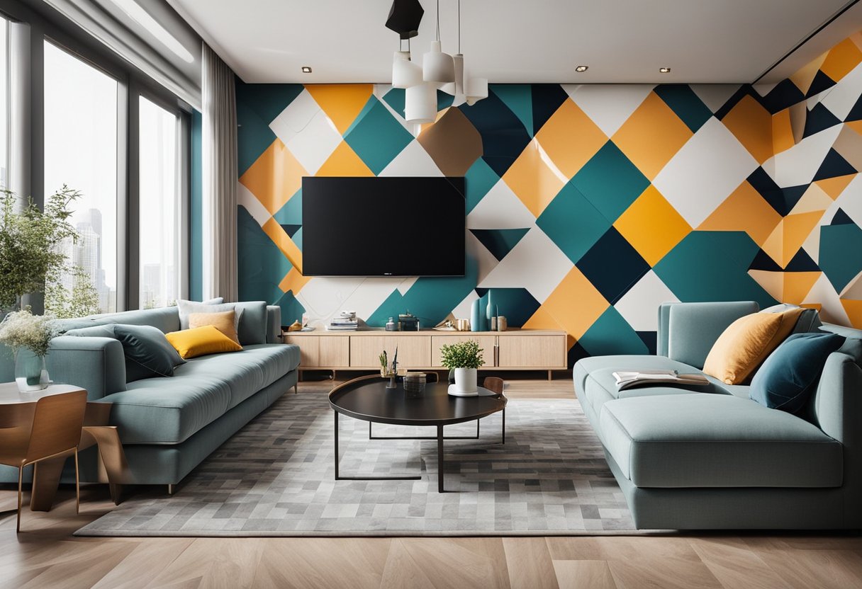 A cozy living room with bold, geometric wallpaper patterns. Bright colors and clean lines create a modern, inviting atmosphere