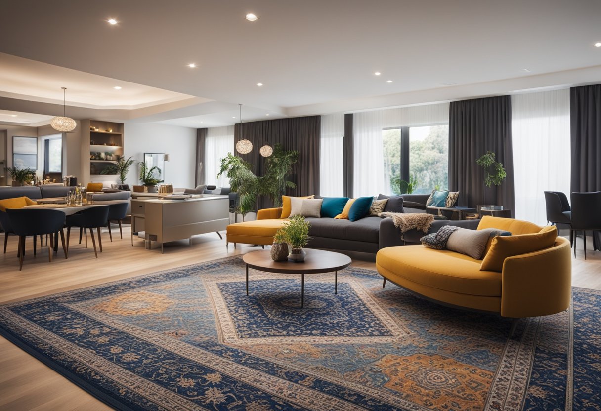 A spacious living room with a variety of vibrant and intricate carpet designs spread out across the floor, creating a visually stimulating and cozy atmosphere