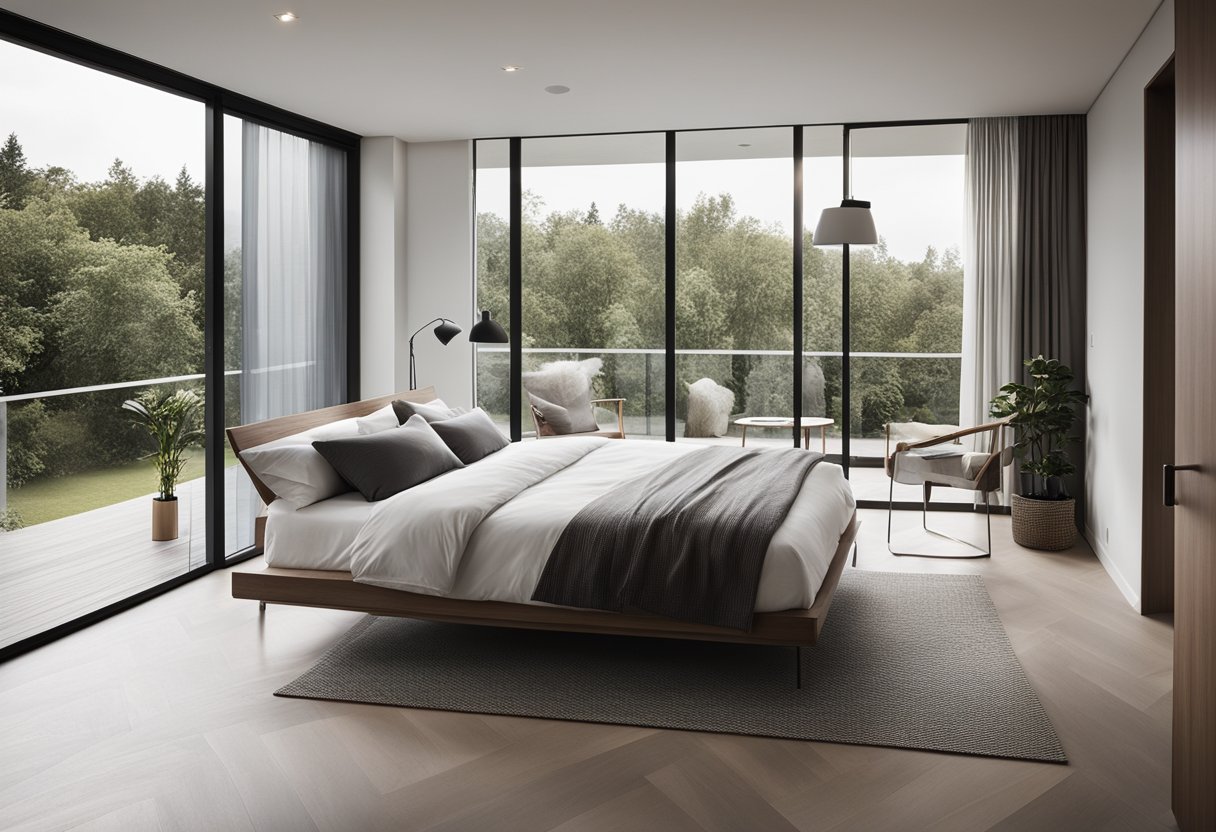 A modern bedroom with a sleek glass door leading to a spacious balcony, allowing natural light to filter in and creating a seamless connection between indoor and outdoor spaces