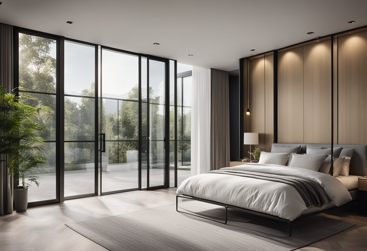 A modern bedroom with sleek glass doors, allowing natural light to filter through. Clean lines and minimalistic hardware create a seamless and elegant look