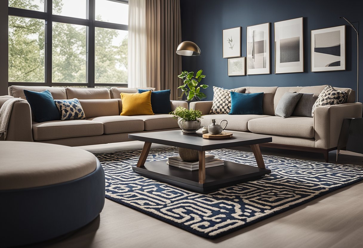 A cozy living room with a modern carpet design featuring bold geometric patterns and vibrant colors. The furniture is arranged in a welcoming and functional layout