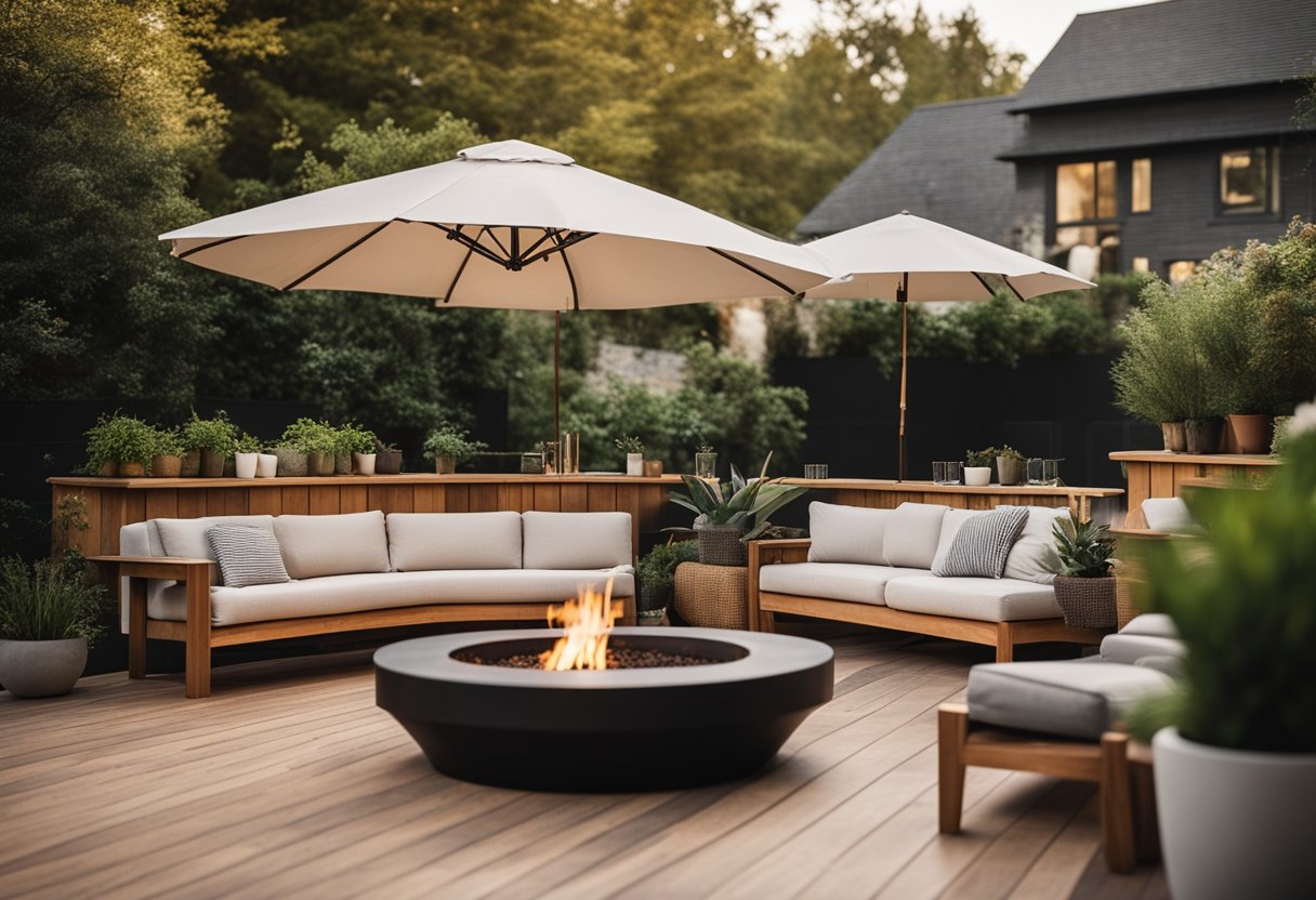 An outdoor living room with a modern sofa, coffee table, and plants surrounded by a wooden deck and a cozy fire pit