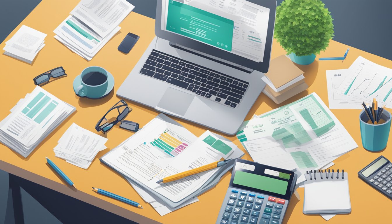 A desk cluttered with financial documents, a laptop open to a business loan application, and a calculator on the side
