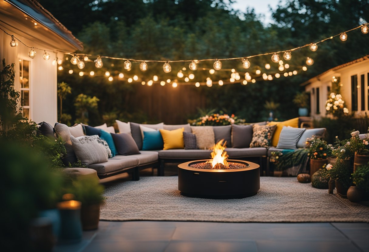 A cozy outdoor living room with a large, comfortable sofa, surrounded by lush greenery and colorful flowers. A fire pit in the center provides warmth and ambiance, while string lights overhead add a touch of magic to the space
