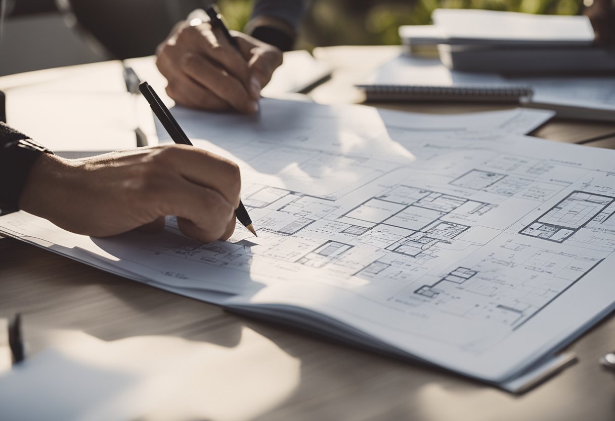 A designer sketches a layout for an outdoor living room, with a focus on planning and budgeting