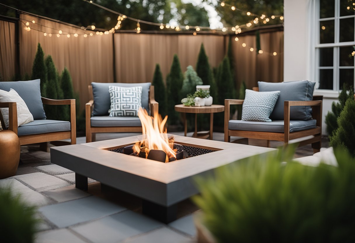 An outdoor living room with cozy seating, surrounded by lush greenery and a fire pit as the focal point