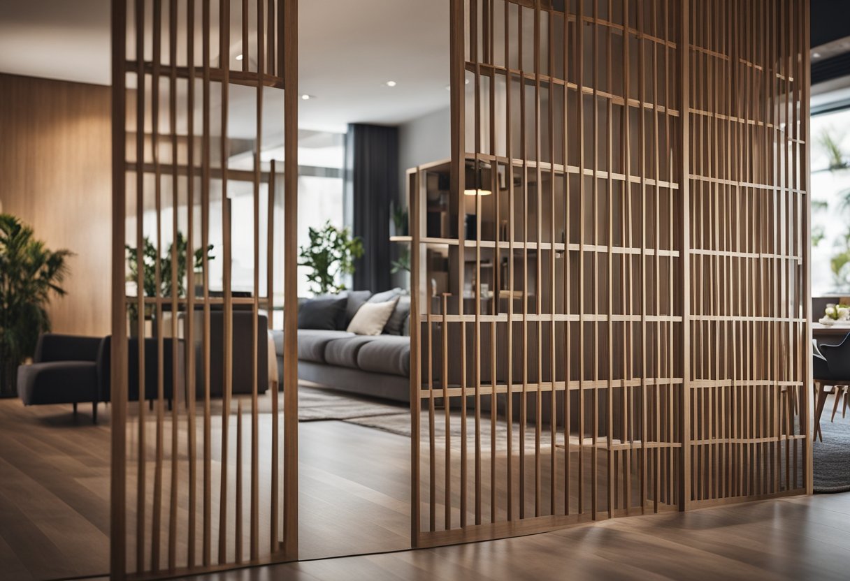 A modern wooden divider separates the living and dining areas. It features clean lines and geometric patterns, adding a stylish touch to the open space