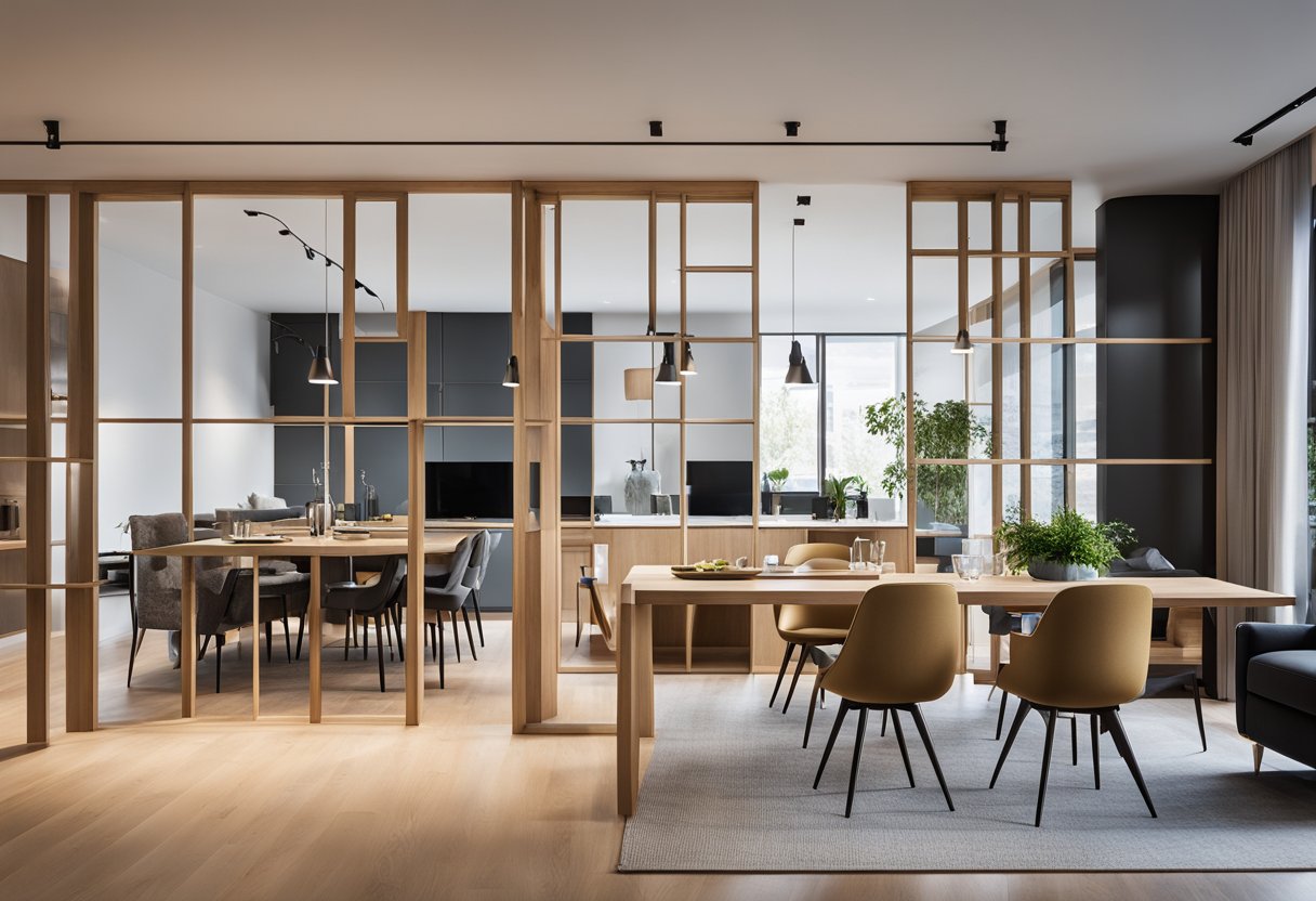 A modern, open-plan living and dining area with a sleek, minimalist divider separating the two spaces. The divider is made of light wood and glass panels, allowing natural light to flow through while maintaining a sense of separation