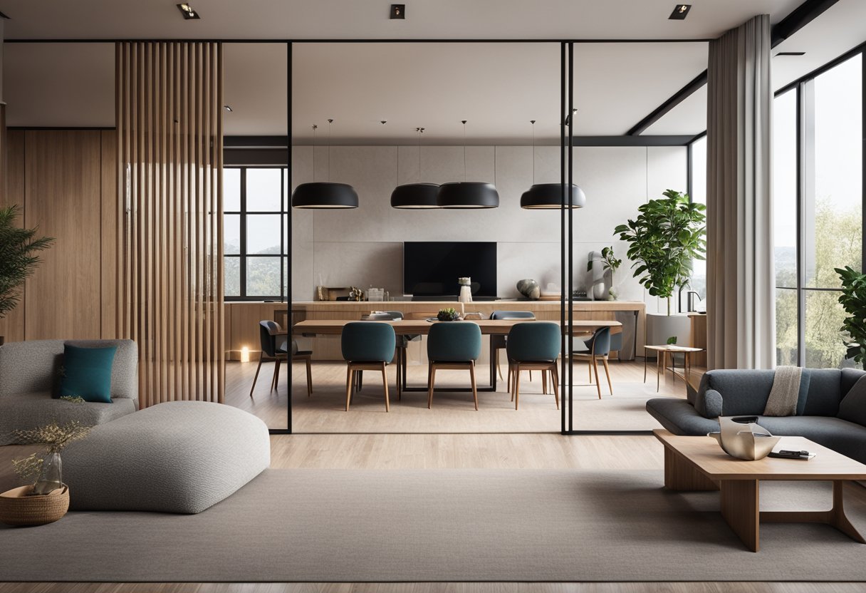 A spacious living room with a modern dining room divider, featuring clean lines and a combination of wood and glass materials