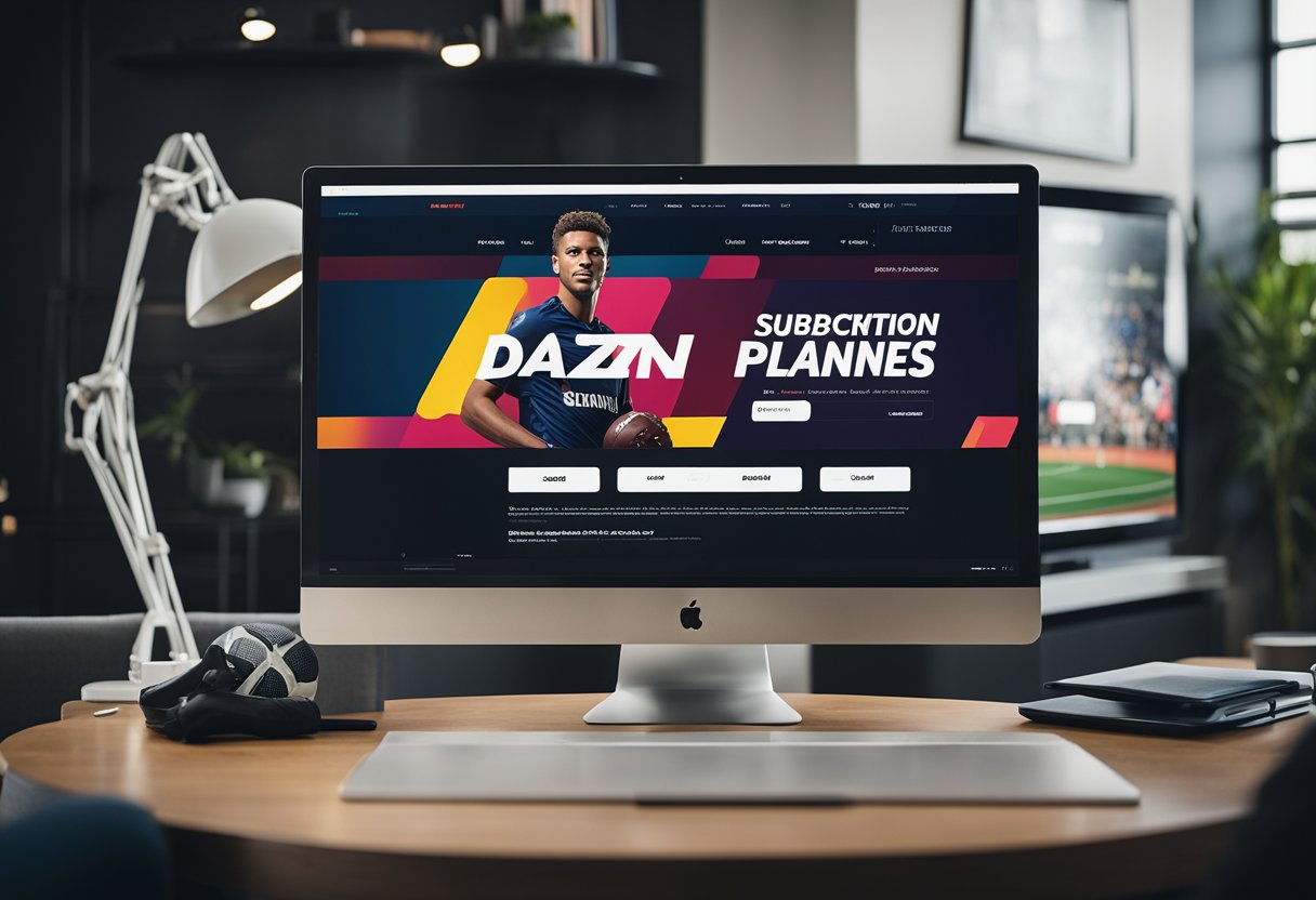 A laptop displaying DAZN Canada's subscription plans with a bold title and pricing options, surrounded by sports equipment and a TV screen showing live sports