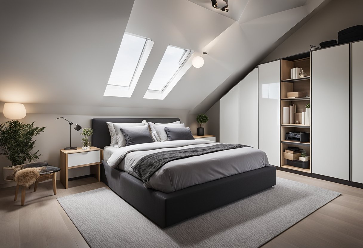A small bedroom with a high, sloped ceiling. Minimalist design with built-in storage and a sleek, modern light fixture
