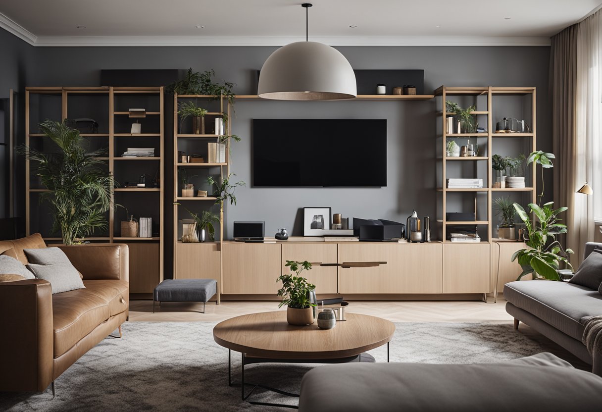 A tidy living room with neatly arranged furniture, minimal decor, and organized storage solutions. Clean lines and a clutter-free space create a sense of calm and order