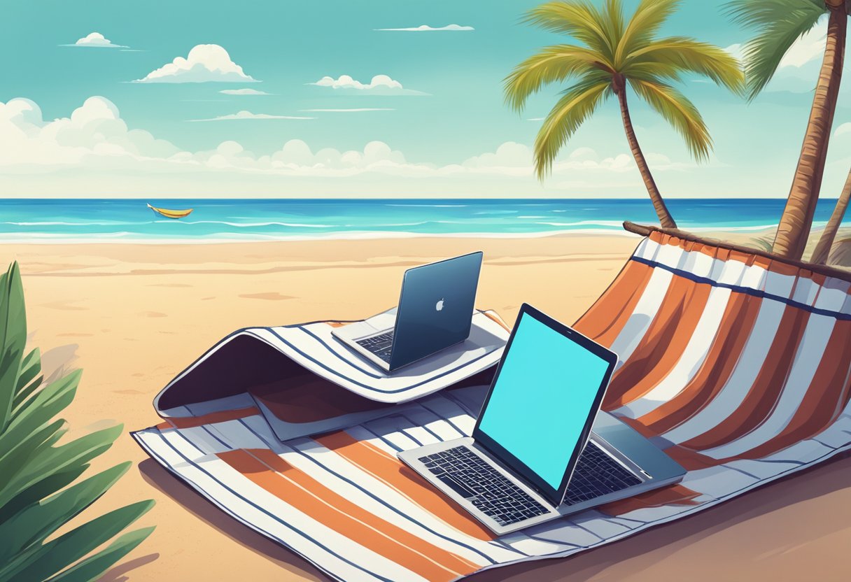 A laptop on a beach towel, surrounded by palm trees and a distant ocean view, with a hammock in the background