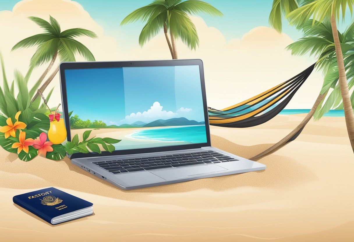 A laptop and passport on a sandy beach, with a tropical backdrop and a hammock nearby