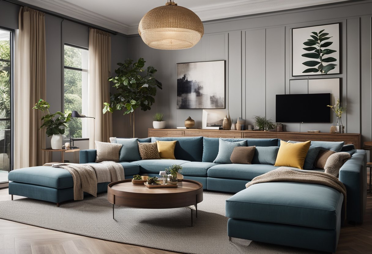 A modern living room with various settee designs arranged neatly, with decorative pillows and a coffee table in the center