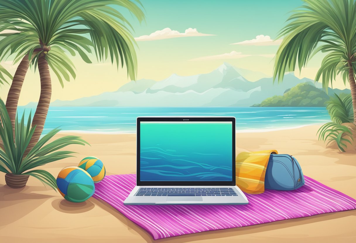 A laptop on a beach towel, surrounded by palm trees, with a tropical ocean in the background